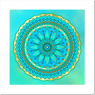 Flower mandala blue gold on watercolor background Posters and Art